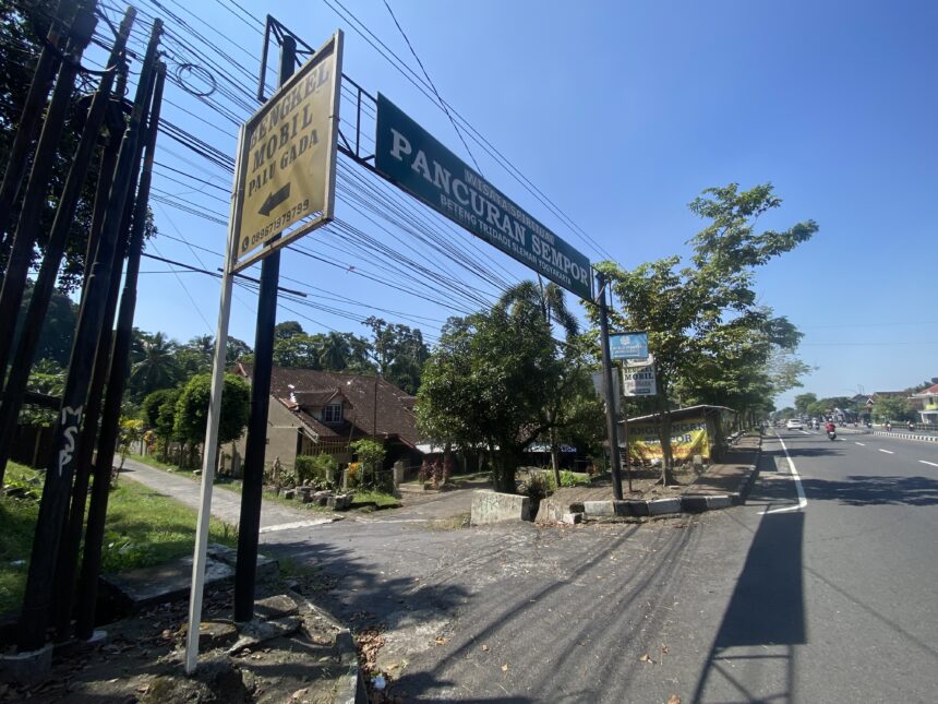 Street view with utility poles and many overhead power lines beside a paved road and blue sky, tropical trees visible in the background.