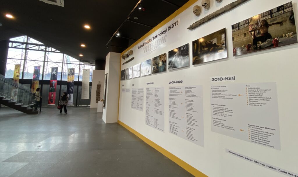 Museum interior showing a long white wall with timeline panels and framed photos under a yellow trim, with visitors walking by and natural light from large windows on the left.