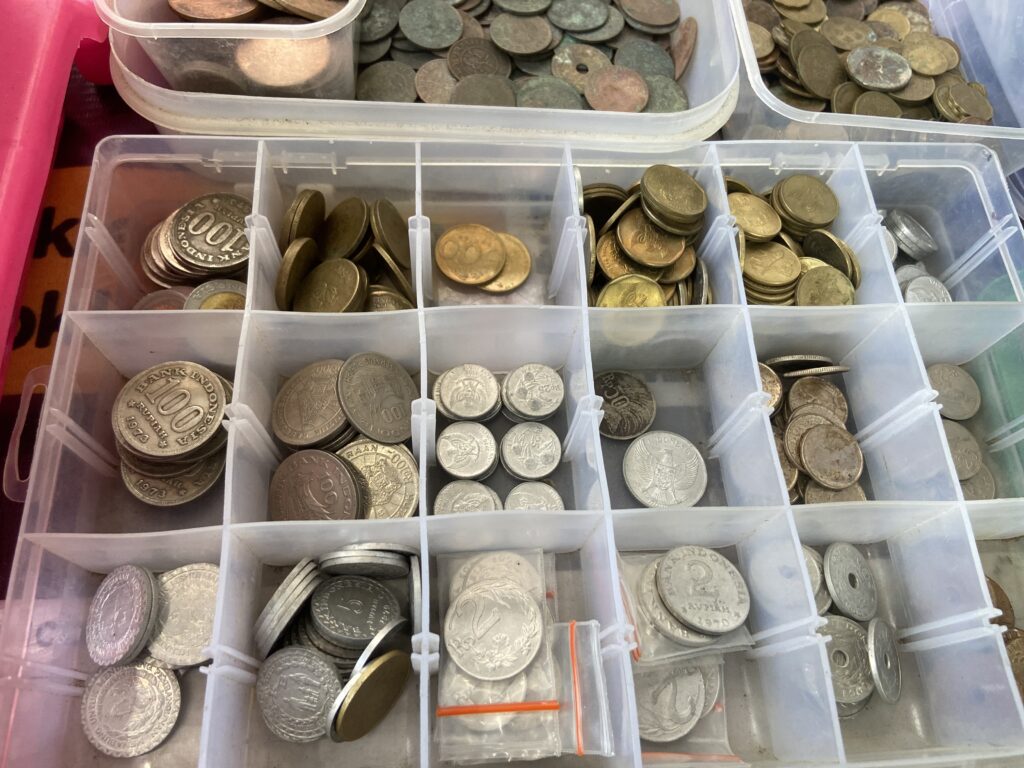 Assorted coins organized in clear plastic compartments and trays.