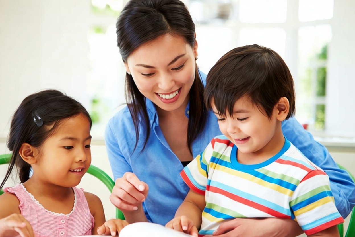 Ibu Ngasuh dua anak FIXX - Mabur.co Smiling teacher guides two children as they work on a hands-on activity at a bright classroom table.