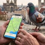 Person holds a smartphone showing a map while a pigeon with a small leather Satchel perches on a stone railing, with a compass nearby.