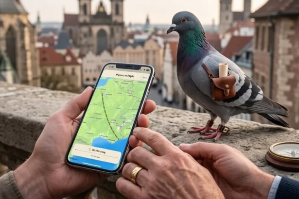 Person holds a smartphone showing a map while a pigeon with a small leather Satchel perches on a stone railing, with a compass nearby.
