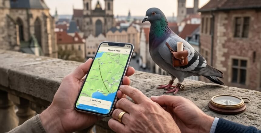 Person holds a smartphone showing a map while a pigeon with a small leather Satchel perches on a stone railing, with a compass nearby.