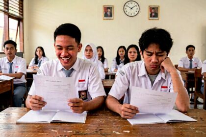 Two male Indonesian students in white shirts with blue ties read papers at a wooden desk, smiling; others sit in rows behind them in a classroom.