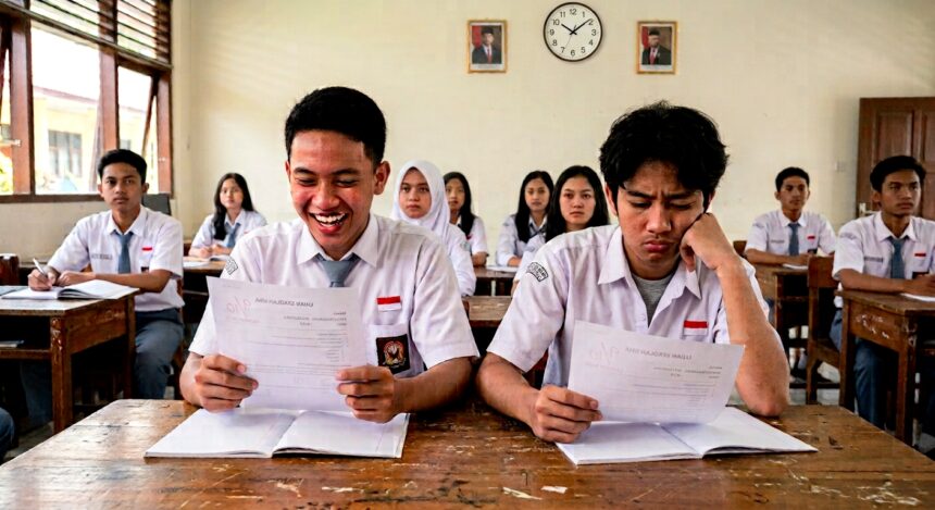 Two male Indonesian students in white shirts with blue ties read papers at a wooden desk, smiling; others sit in rows behind them in a classroom.