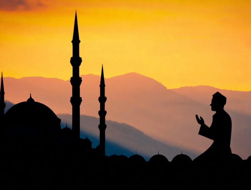 Ilustrasi puasa arafah mandalapos co id - Mabur.co Silhouetted mosque with domes and tall minarets at sunset, a praying figure in the foreground.