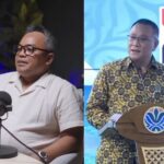 Split-screen: left a man with glasses speaking into a desk microphone; right a man in batik delivering a speech at a podium with an emblem on the front.