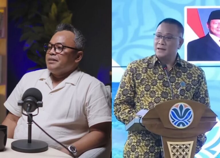 Split-screen: left a man with glasses speaking into a desk microphone; right a man in batik delivering a speech at a podium with an emblem on the front.