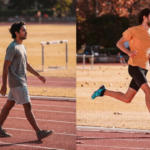 Split-screen image: left side shows a man walking on a track in a gray T-shirt and shorts; right side shows a man sprinting in an orange shirt and black shorts on the track.