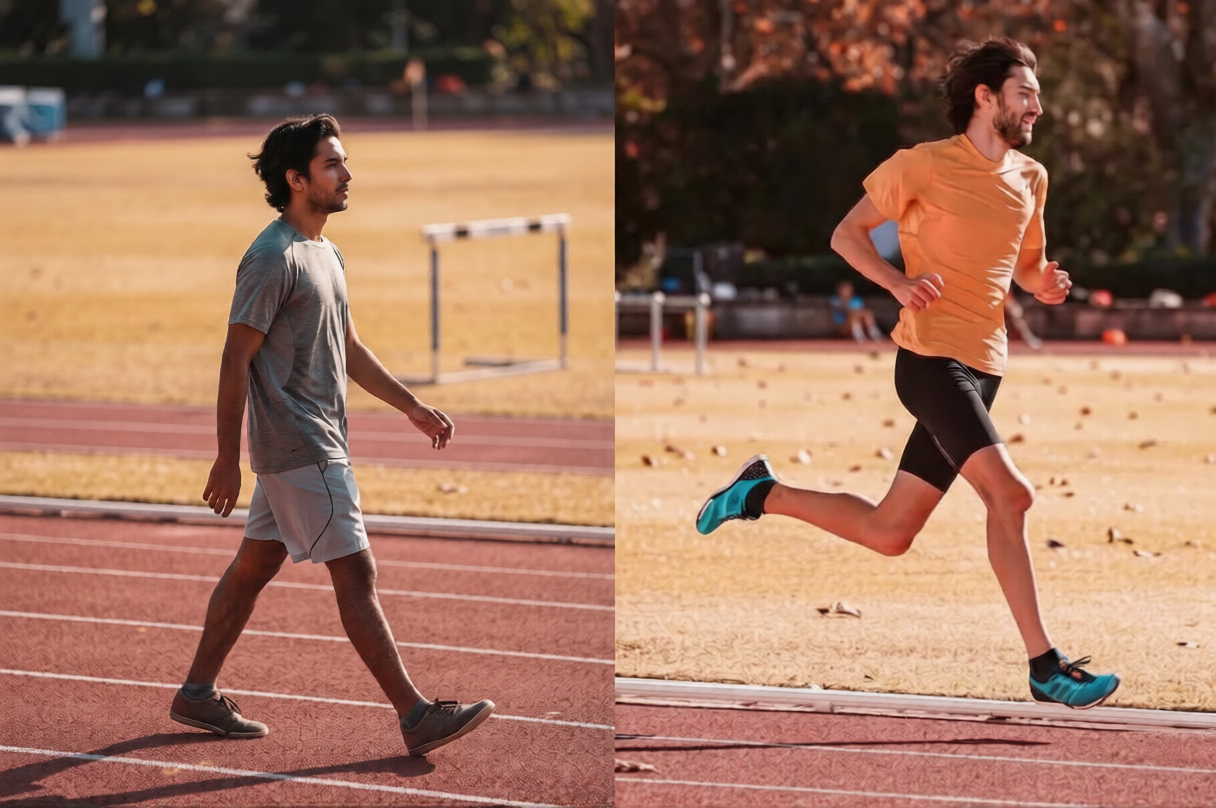 Split-screen image: left side shows a man walking on a track in a gray T-shirt and shorts; right side shows a man sprinting in an orange shirt and black shorts on the track.