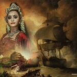 Composite image of a regal Indian woman in traditional red attire and jewelry, overlaid with a smoky seascape and an old sailing ship in the background.