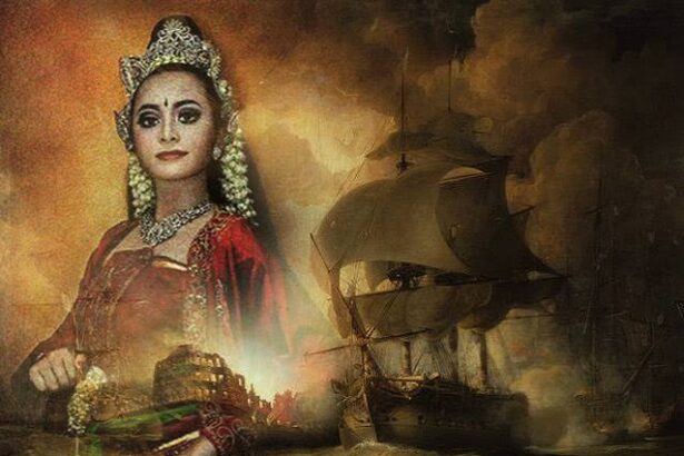 Composite image of a regal Indian woman in traditional red attire and jewelry, overlaid with a smoky seascape and an old sailing ship in the background.