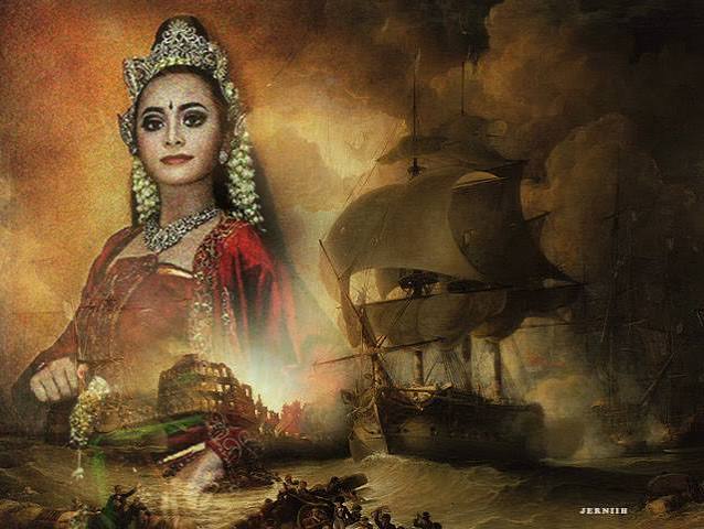 Composite image of a regal Indian woman in traditional red attire and jewelry, overlaid with a smoky seascape and an old sailing ship in the background.