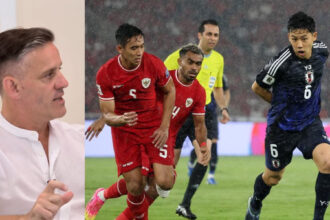 Left side shows a man in a white shirt speaking indoors; right side shows a rain-soaked soccer match with players in red and navy uniforms.