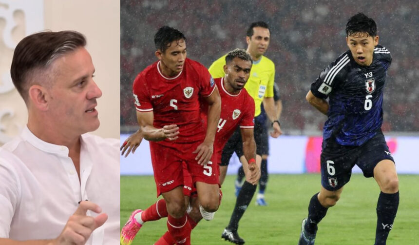 Left side shows a man in a white shirt speaking indoors; right side shows a rain-soaked soccer match with players in red and navy uniforms.