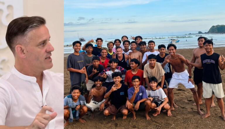 Collage: left panel shows a man in a white shirt speaking; right panel shows a large group of smiling youths on a sandy beach with boats and water in the background