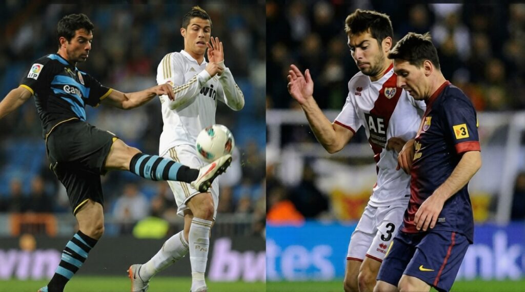 Jordi Amat vs prime Messi CR7 FIXX - Mabur.co Two-panel soccer action: left shows a Real Madrid player in white challenging an opponent as the ball rises between them; right shows two players in blue-red and white contesting for the ball in a separate moment.