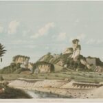 Old illustration of Gunong Lamping coastal landscape with palm trees, sandy terraces, and a distant rocky hill in the background.