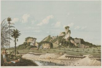 Old illustration of Gunong Lamping coastal landscape with palm trees, sandy terraces, and a distant rocky hill in the background.