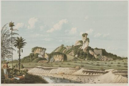 Old illustration of Gunong Lamping coastal landscape with palm trees, sandy terraces, and a distant rocky hill in the background.
