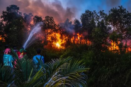 A group of people in colorful clothing spraying water toward a forest fire at dusk; flames and smoke rise behind trees.