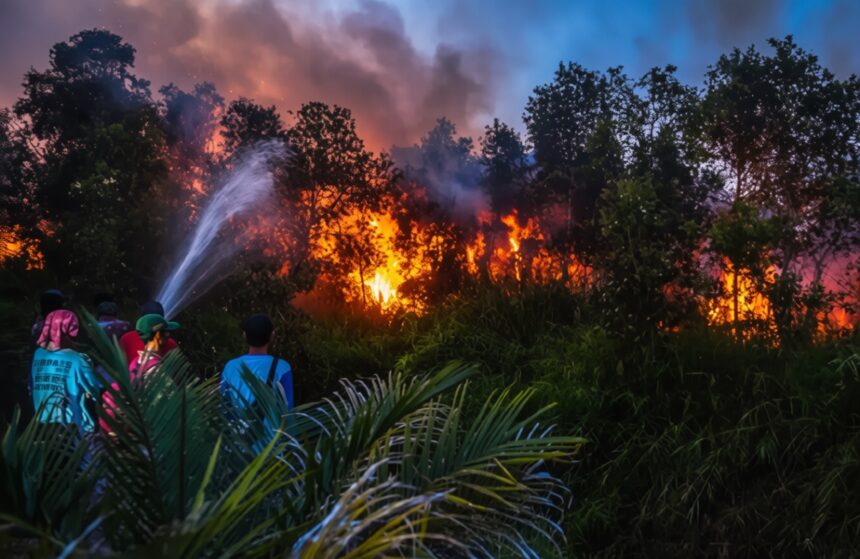 A group of people in colorful clothing spraying water toward a forest fire at dusk; flames and smoke rise behind trees.