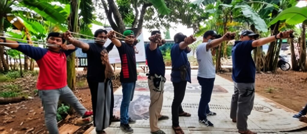 Ketapel by infobekasi co FIXX - Mabur.co Group of men performing a synchronized arm-stretch exercise outdoors among trees and a paved path.