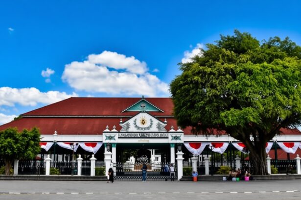 Front view of a long white building with a red roof and decorative gateway, with red-white-blue bunting along the entrance and a large tree to the right.