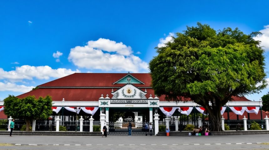 Front view of a long white building with a red roof and decorative gateway, with red-white-blue bunting along the entrance and a large tree to the right.
