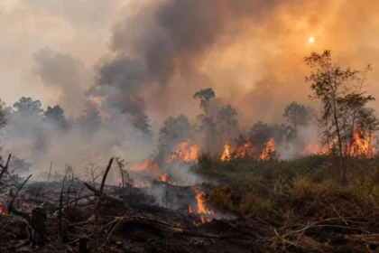 Wildfire burning through a forest with tall flames and thick smoke rising above scorched ground.