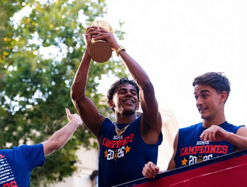 Three young men in blue jerseys celebrate on a parade float; the center player raises a trophy overhead.",