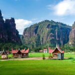 Rice fields and traditional wooden houses with curved red roofs, framed by tall karst cliffs.