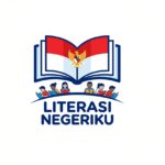 Logo for Literasi NegeriKu: open book forming wings with the Indonesian crest, children reading beneath, blue text Literasi NegeriKu.