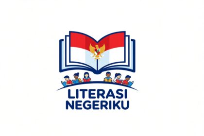 Logo for Literasi NegeriKu: open book forming wings with the Indonesian crest, children reading beneath, blue text Literasi NegeriKu.