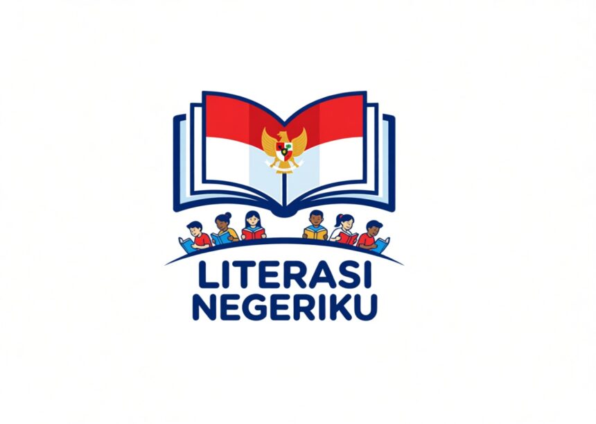 Logo for Literasi NegeriKu: open book forming wings with the Indonesian crest, children reading beneath, blue text Literasi NegeriKu.