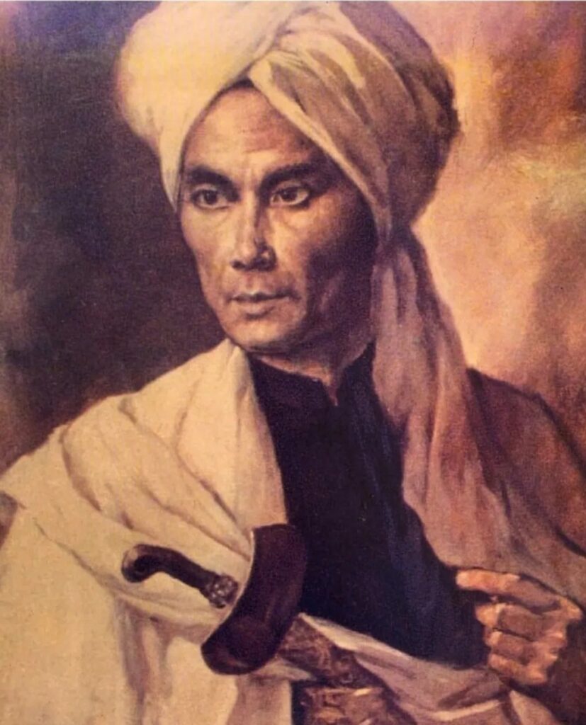 Lukisan-Diponegoro-2_1619278866 - Mabur.co Portrait of a man in a white turban and light robe, looking to the left with a calm, composed expression.