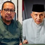 Split-screen image of two men: left man in a green shirt with glasses speaking, right man in white traditional attire with a black cap looking at the camera.