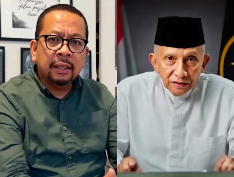 Split-screen image of two men: left man in a green shirt with glasses speaking, right man in white traditional attire with a black cap looking at the camera.