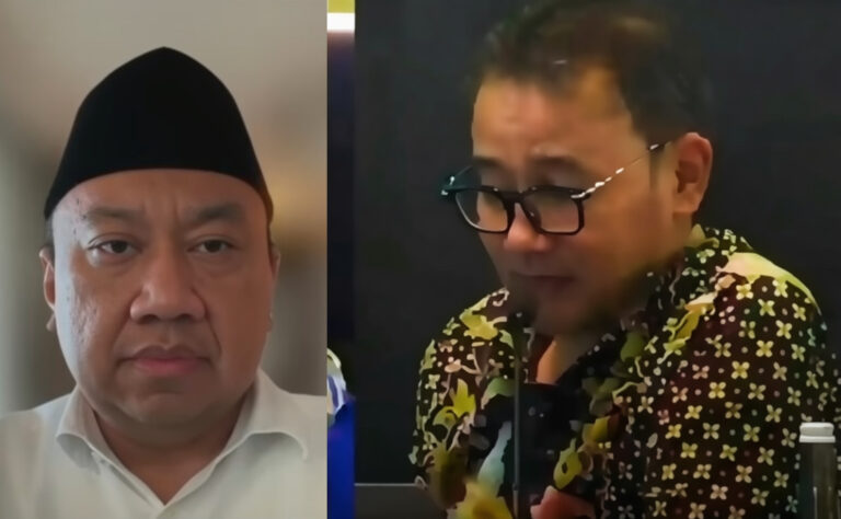 Two men appear in a split-screen video call: left, a man in a white shirt wearing a black cap; right, a man with glasses in a bright floral shirt.