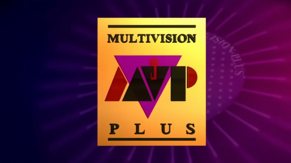 Multivision Plus logo on an orange square with a purple triangle and geometric shapes forming the letters M V and P over a purple background panel.