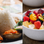 Split image: left side shows a plate with a mound of white rice, curry, and vegetables with an egg garnish; right side shows a white bowl filled with colorful mixed fruit (berries, pineapple, kiwi, and citrus peel).