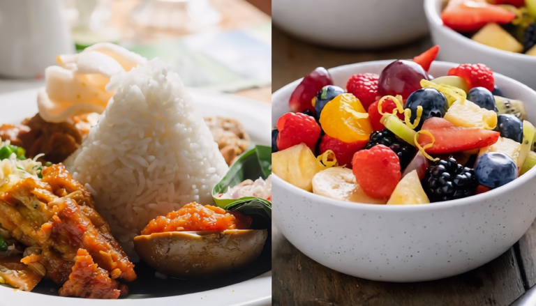 Makan berat + buah FIXX - Mabur.co Split image: left side shows a plate with a mound of white rice, curry, and vegetables with an egg garnish; right side shows a white bowl filled with colorful mixed fruit (berries, pineapple, kiwi, and citrus peel).