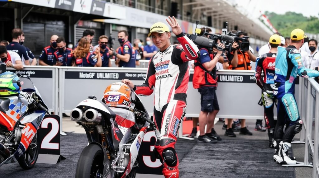 MotoGP rider in a red-and-white racing suit waves beside his race bike in the pit, with team members and cameras in the background.