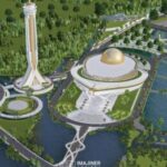 A futuristic park with a tall observation tower, a domed central building, and winding bridges over water; a science-arts complex in a green landscape.