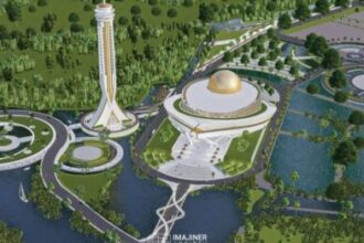 A futuristic park with a tall observation tower, a domed central building, and winding bridges over water; a science-arts complex in a green landscape.