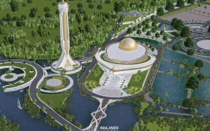 A futuristic park with a tall observation tower, a domed central building, and winding bridges over water; a science-arts complex in a green landscape.