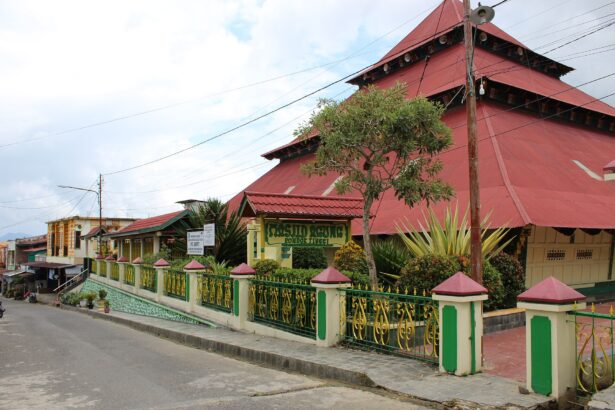 Street view of a town with a large red-roofed building behind a green and yellow fence, plants and power lines nearby.