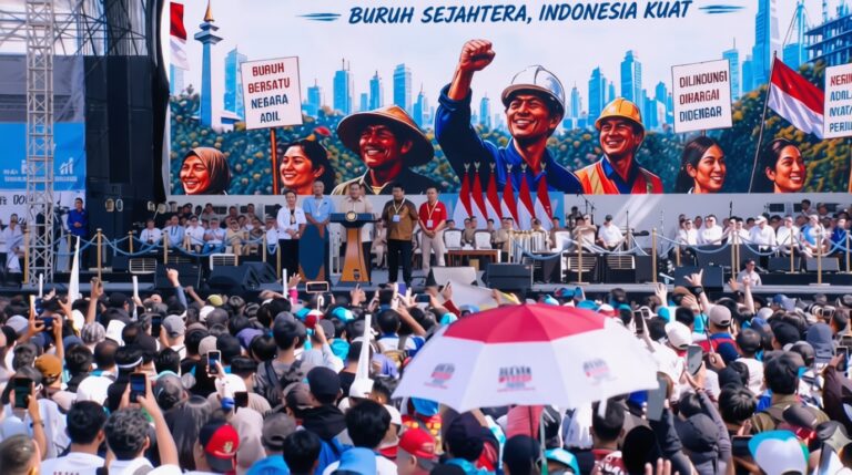 Large crowd at a labor rally facing a stage with speakers, banners reading 'Buruh Sejahtera, Indonesia Kuat' and Indonesian flags visible on stage