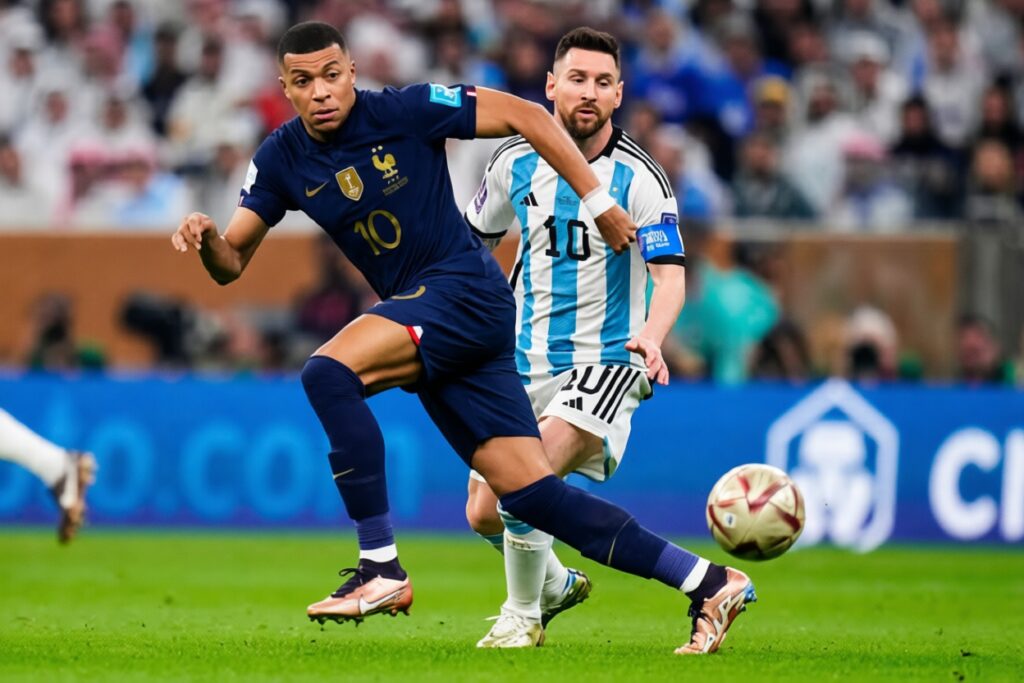 Mbappe vs Messi Pildun FInal 2022 by Getty Images FIXX - Mabur.co Soccer action: a dark‑blue jersey player (#10) runs toward the ball while a striped light‑blue player (#10) pursues closely behind on a green pitch.
