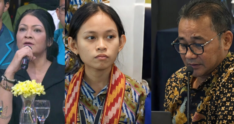 Triptych of panelists: left woman speaks into a microphone with yellow flowers on the table; center young woman with a colorful scarf; right man with glasses wearing a batik shirt speaking into a mic.
